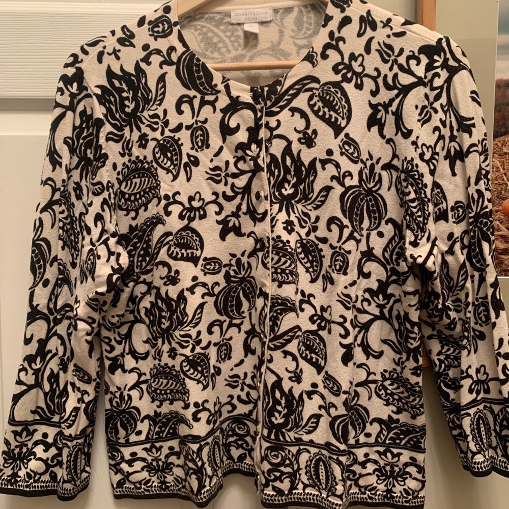 Women’s Charter Club Cream and Black Paisley 3/4 Sleeve Sweater PL